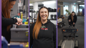 3 photos: 1: Shairae Taepa assembling a robot. 2. Portrait of Shairae Taepa 3. Shairae and the robot “Grover” responding to commands in te reo māori